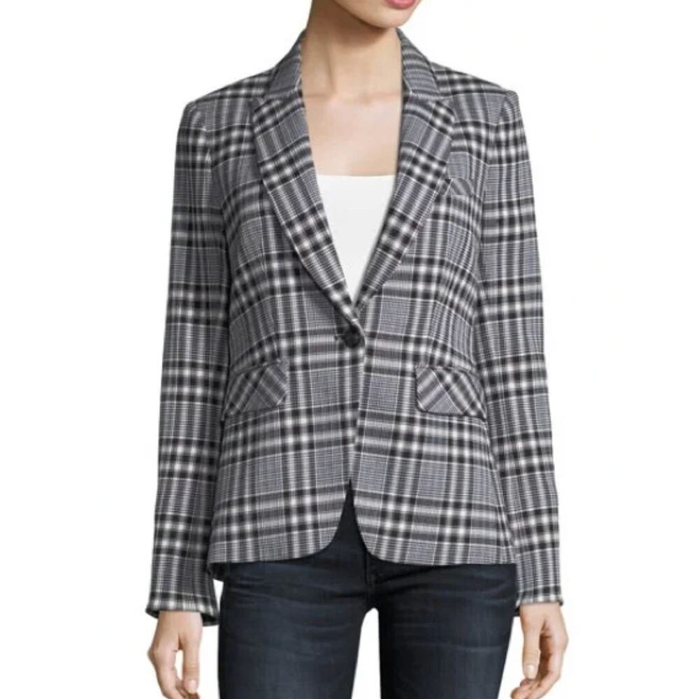 Veronica Beard Ada One Button Dickey Jacket Black, White, Blue Plaid size 10